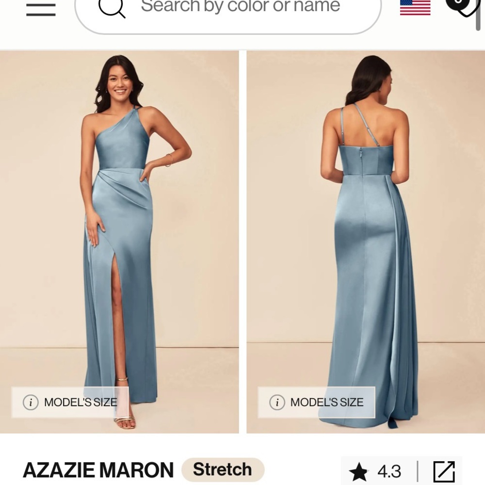 Azazie Maron Stretch Satin Dress, Dusty Blue, A8, no alterations